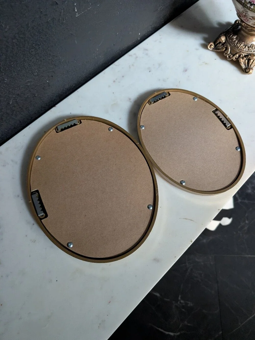 Vintage, set of 2,  MCM Polished Gold style Framed Oval Wall Mirrors decor
